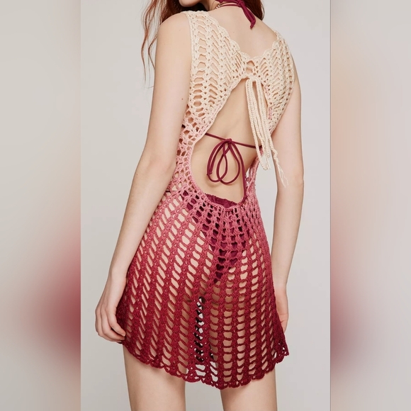 Kimchi Blue Lydia Ombre Sheer Crochet Mini Dress, Open Back, Pink Rose Combo, XS - Picture 3 of 13